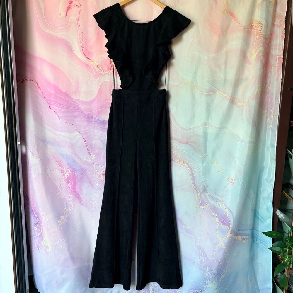 Flying Tomato S Black Stretchy Faux Suede Jumpsuit Boho Boardwalk Artsy Cocktail